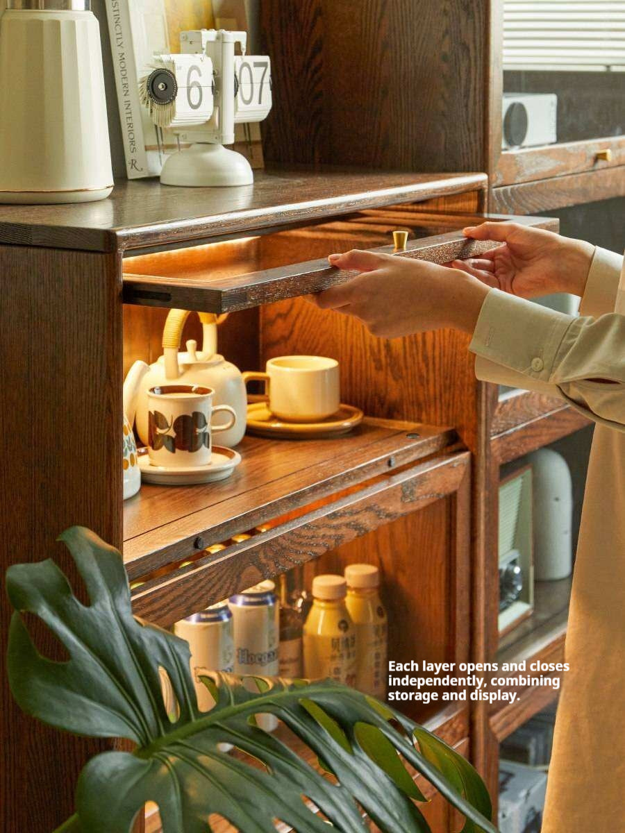Solid Rubberwood, Black Walnut, Sandalwood, Oak Solid Wood Glass Flip Door Bookcase