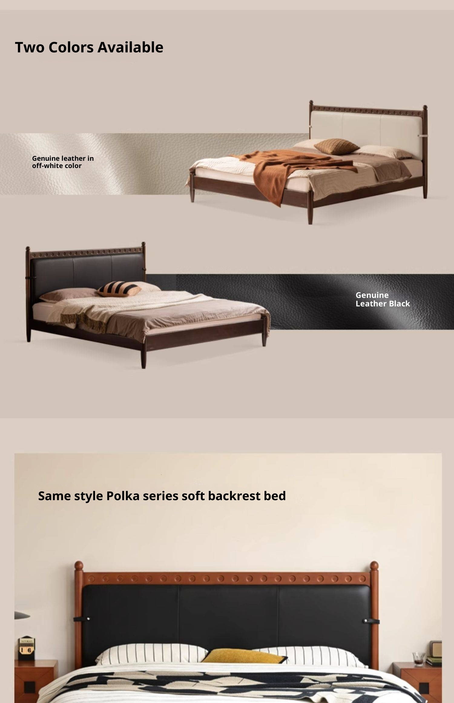 Poplar Solid Wood Genuine Leather Soft Backrest Bed Retro Vintage