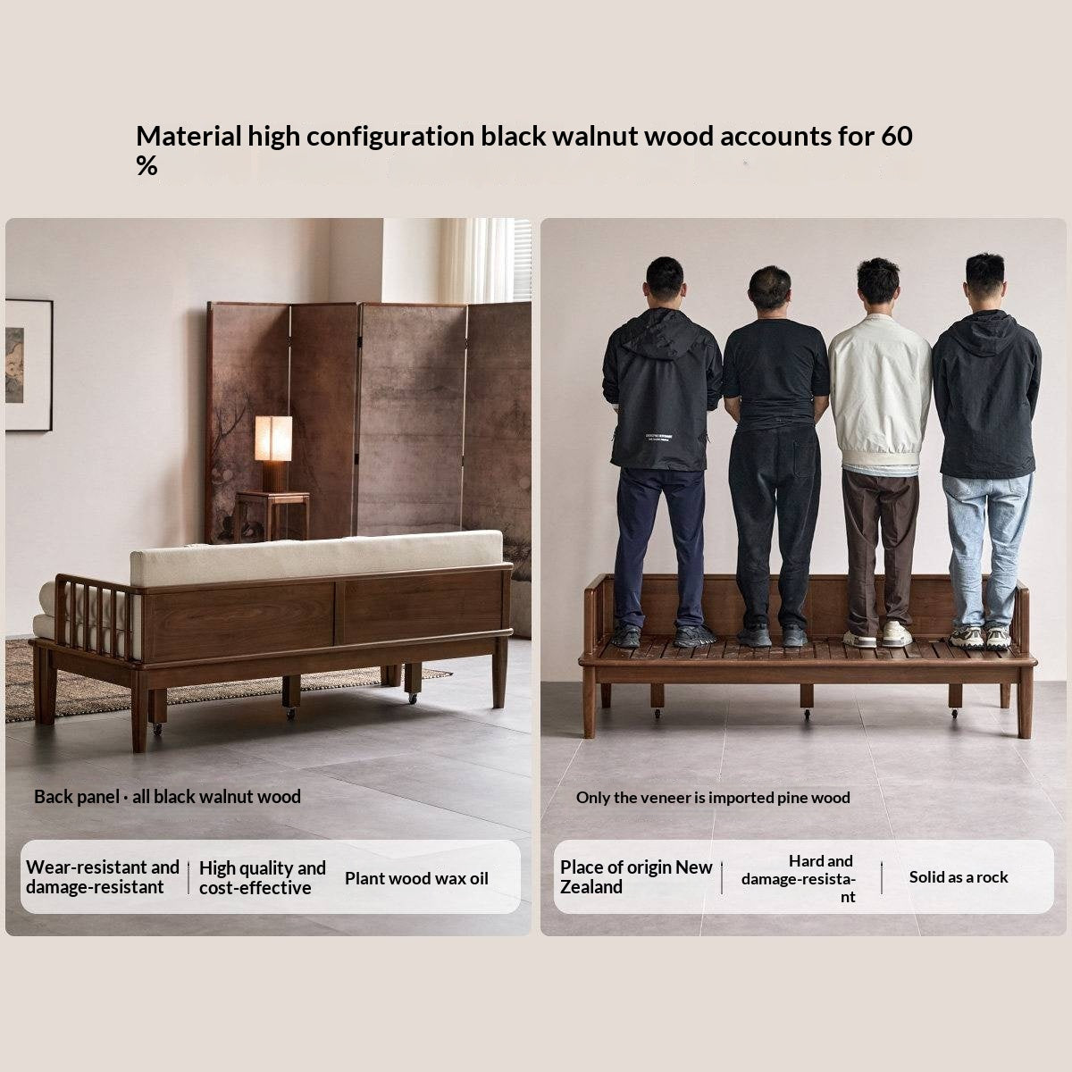 Black Walnut, Ash Solid Wood Daybed Sleeper Sofa with Slatted Wood Back and Arms