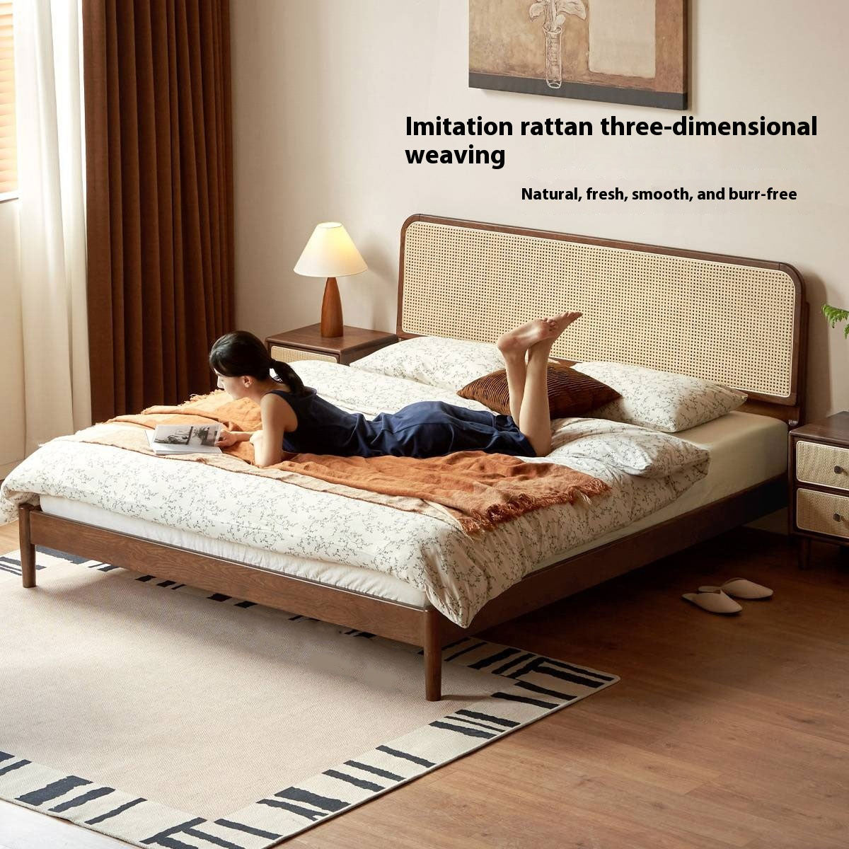 Oak Solid Wood Rattan Bed