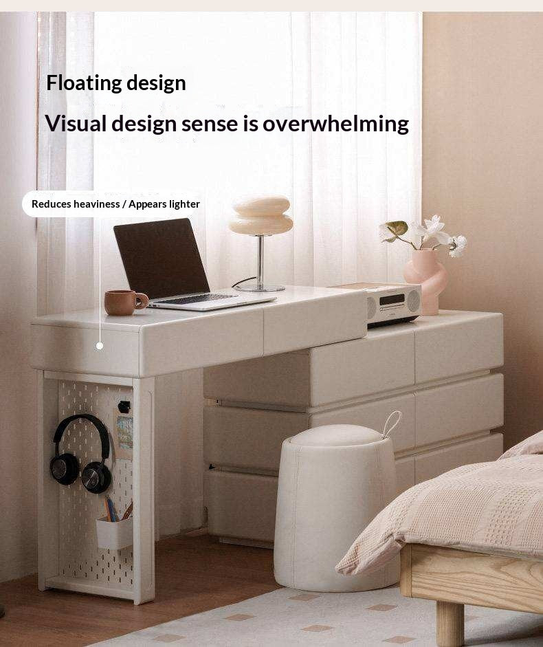 Solid Rubberwood Telescopic Vanity Table with Single-Layer Storage in White Cream