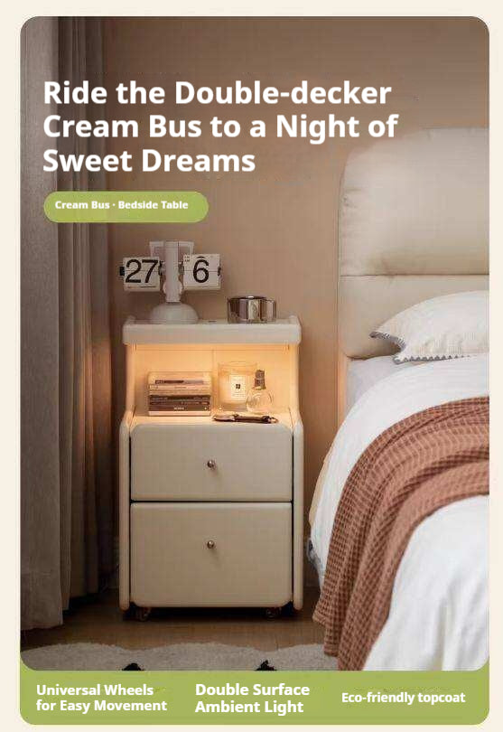 Solid RubberWood Movable Cream Style Nightstand With Light