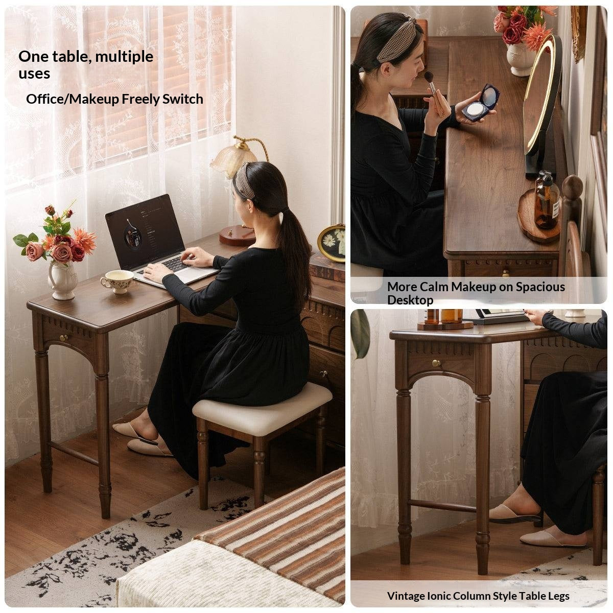 Black Walnut Solid Wood Vanity Table with Extendable Top