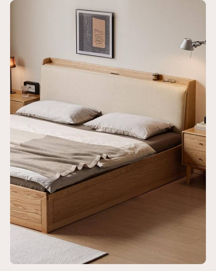 Oak Solid Wood Box Bed Storage Wide backrest, pet-friendly, removable fabric