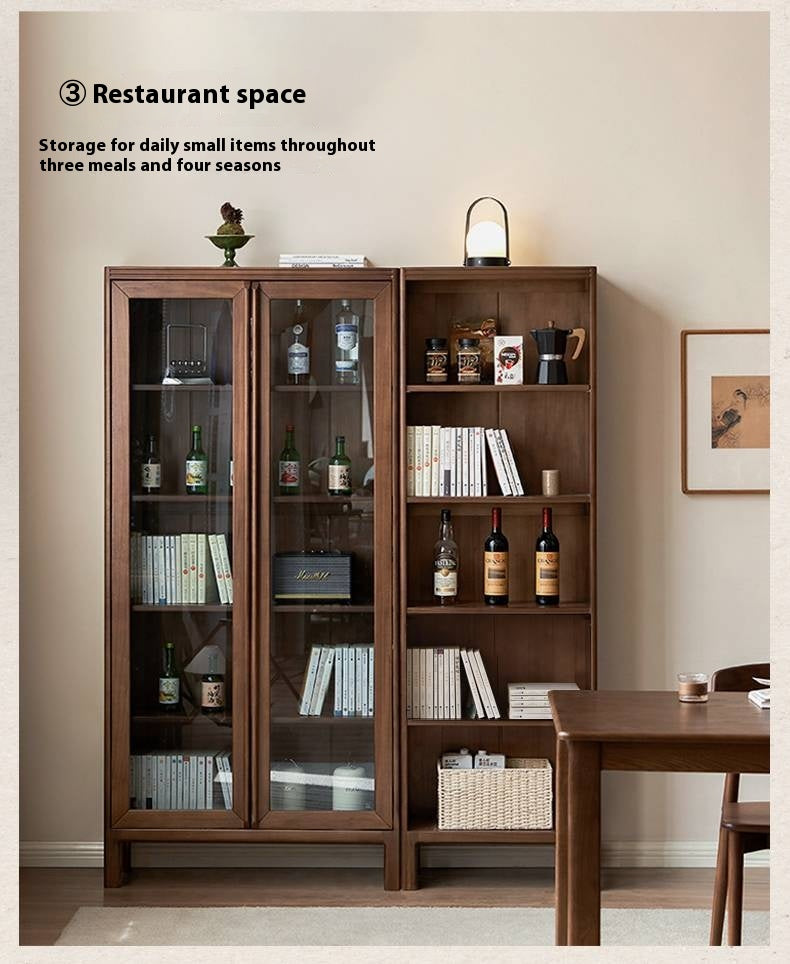Black Walnut, Oak Solid Wood Nordic Bookcase with Glass Door