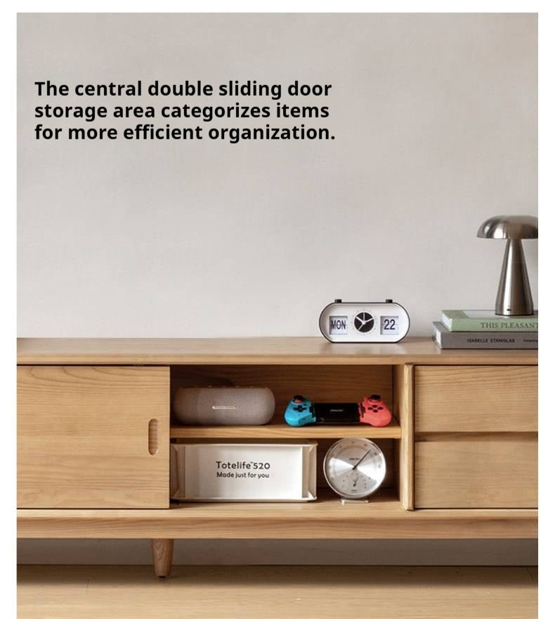 White Ash, Ash Solid Wood TV Stand with Sliding Doors and Sleek Finish