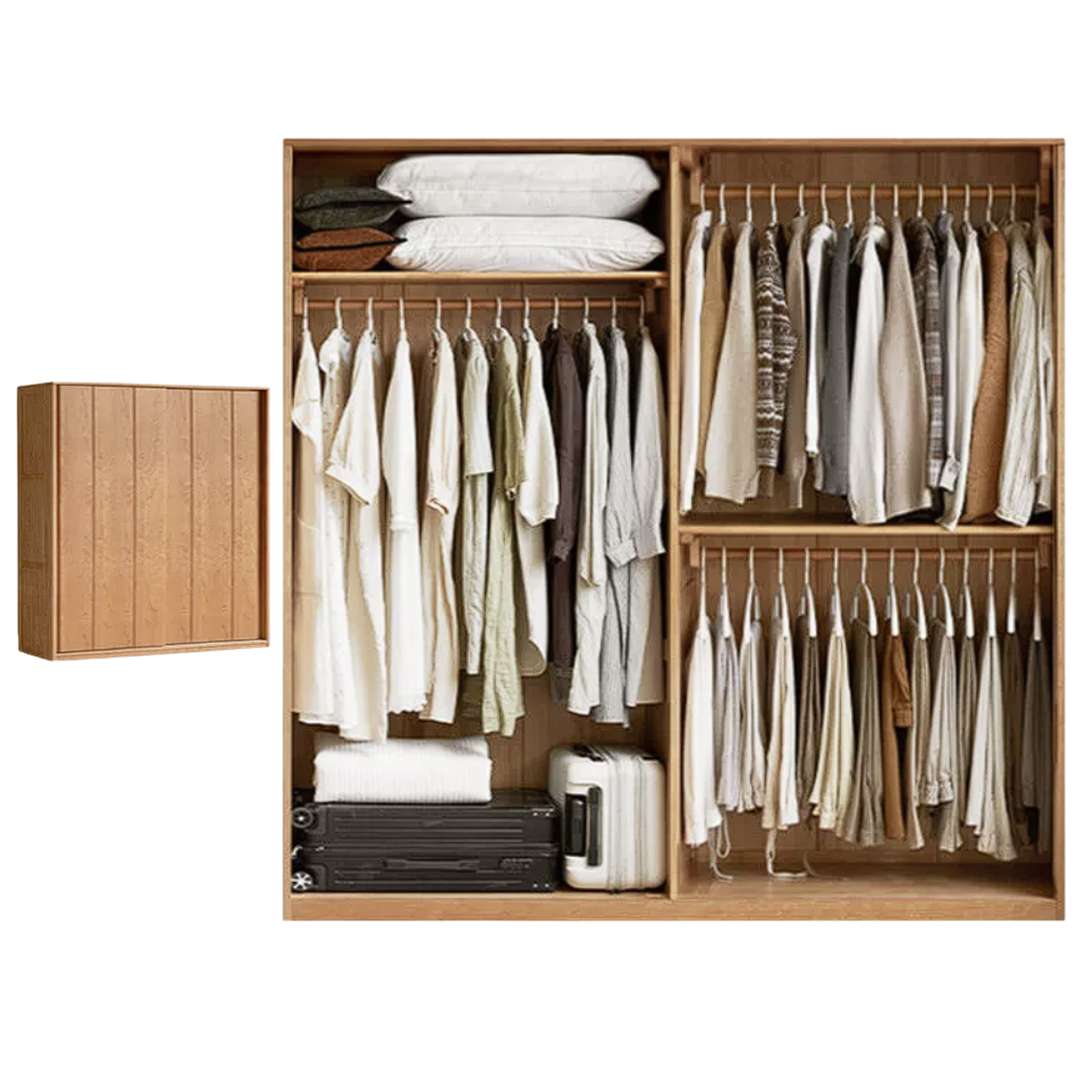 Cherry Wood Sliding Door Wardrobe Armoire with Hanging Rod and Shelves