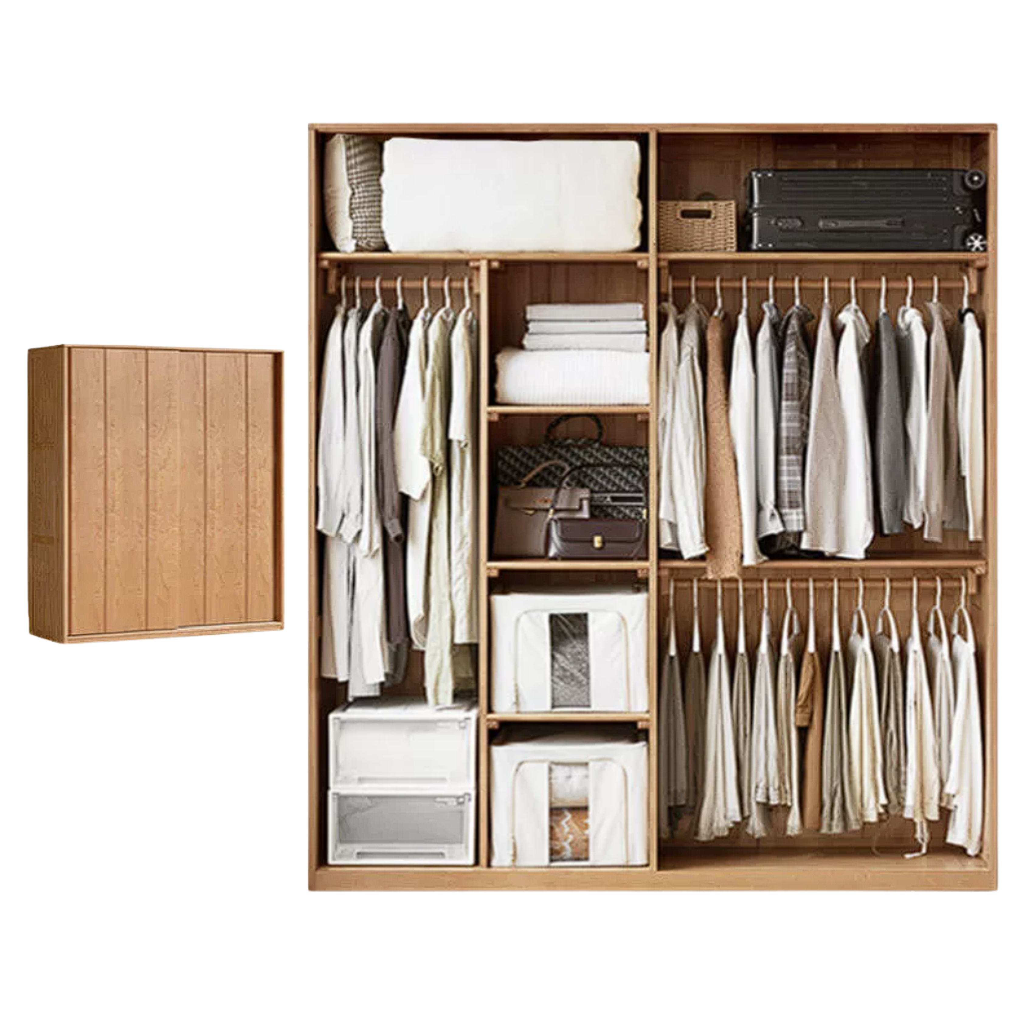 Cherry Wood Sliding Door Wardrobe Armoire with Hanging Rod and Shelves