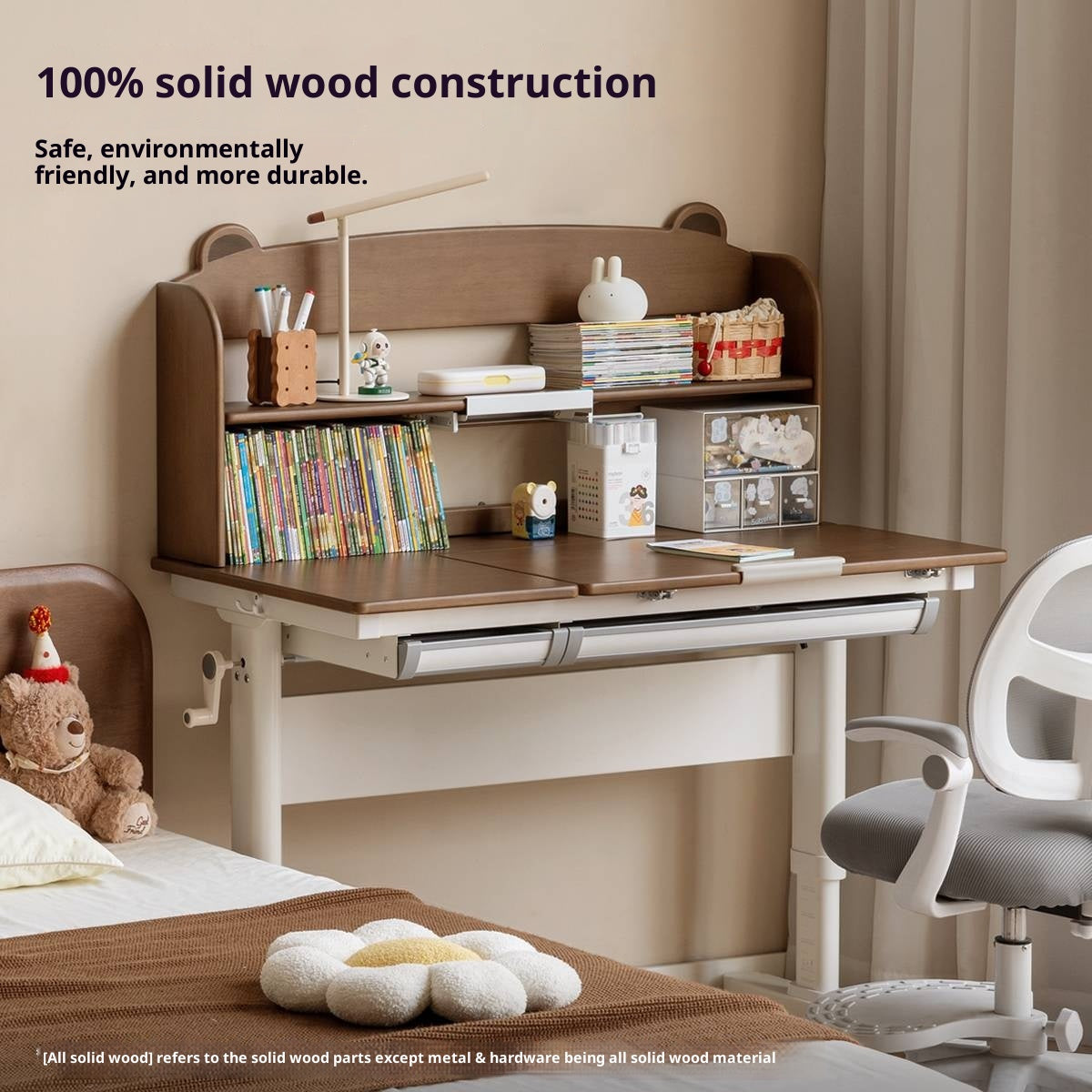 Solid Rubberwood Children s Hand-cranked Height Adjustable Desk