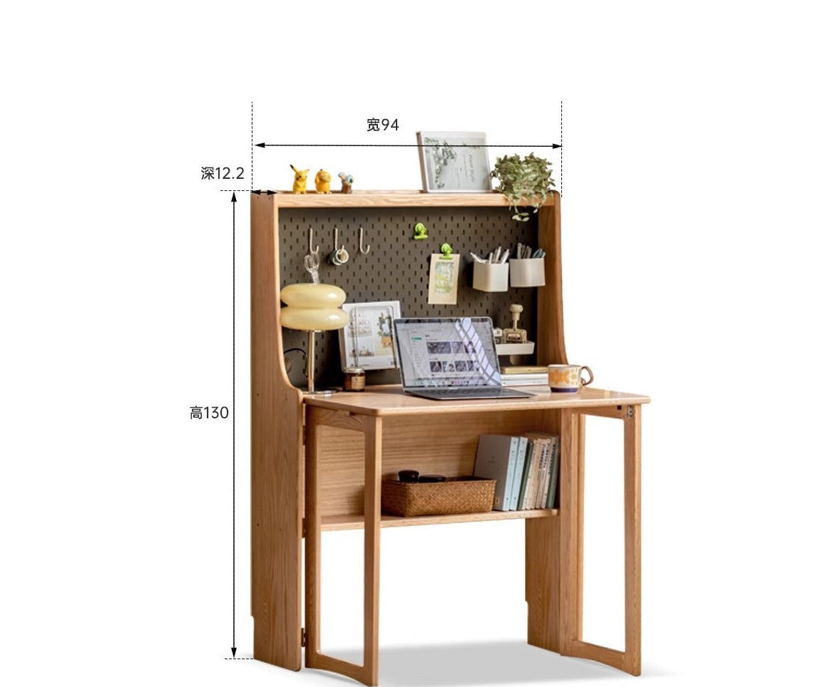 Oak Solid Wood Foldable Desk Bookcase Integrated