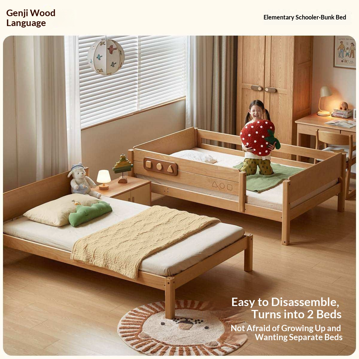 Beech Solid Wood Convertible Bunk Bed with Storage Drawers