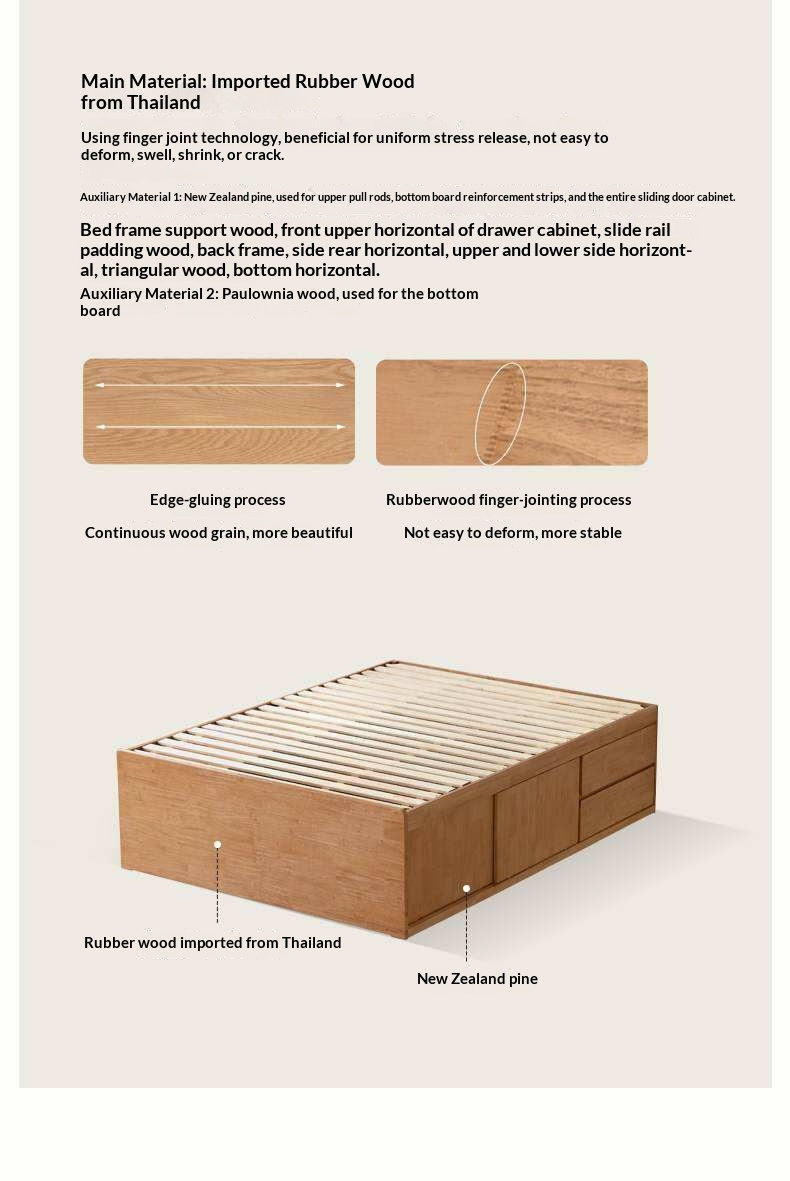 Rubberwood Solid Wood Low Platform Storage Bed with Side Drawers