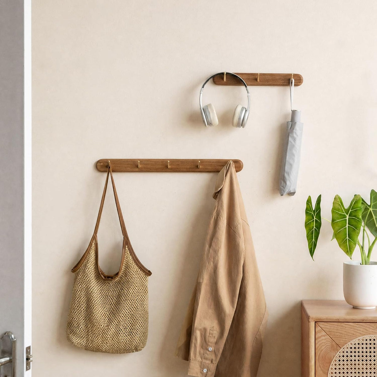 Beech Solid Wood Wall Mounted Coat Rack with 5 Hooks
