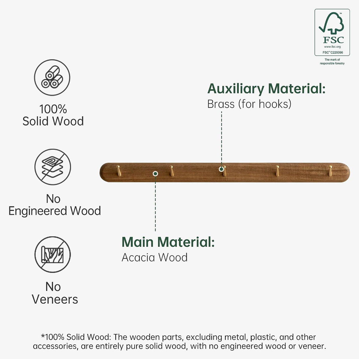 Beech Solid Wood Wall Mounted Coat Rack with 5 Hooks
