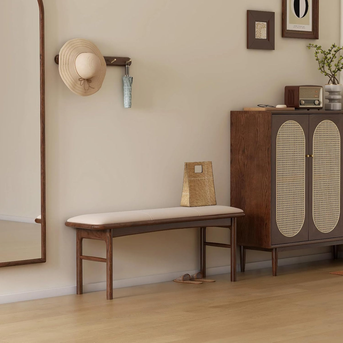 Oak Solid Wood Upholstered Entryway Bench with Matching Stool