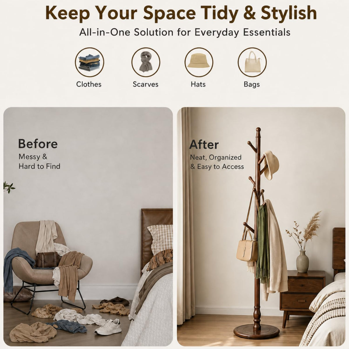 Solid Rubberwood Coat Rack Stand with 8 Hooks