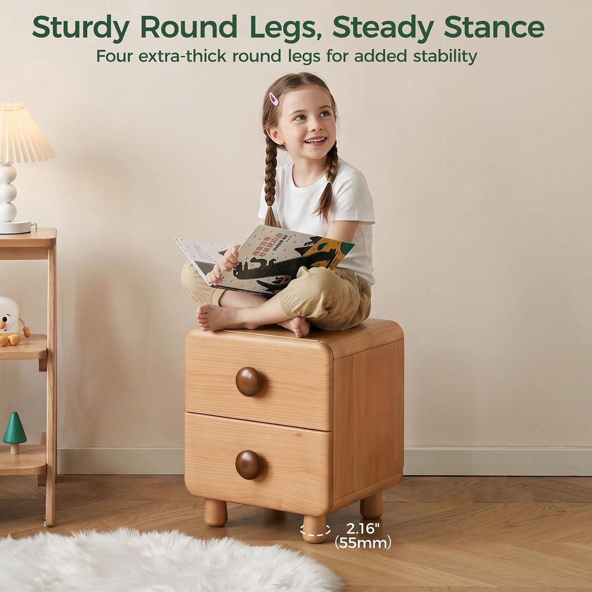 Beech Solid Wood Kids Two-Drawer Nightstand with Round Knob Pulls and Rounded Edges