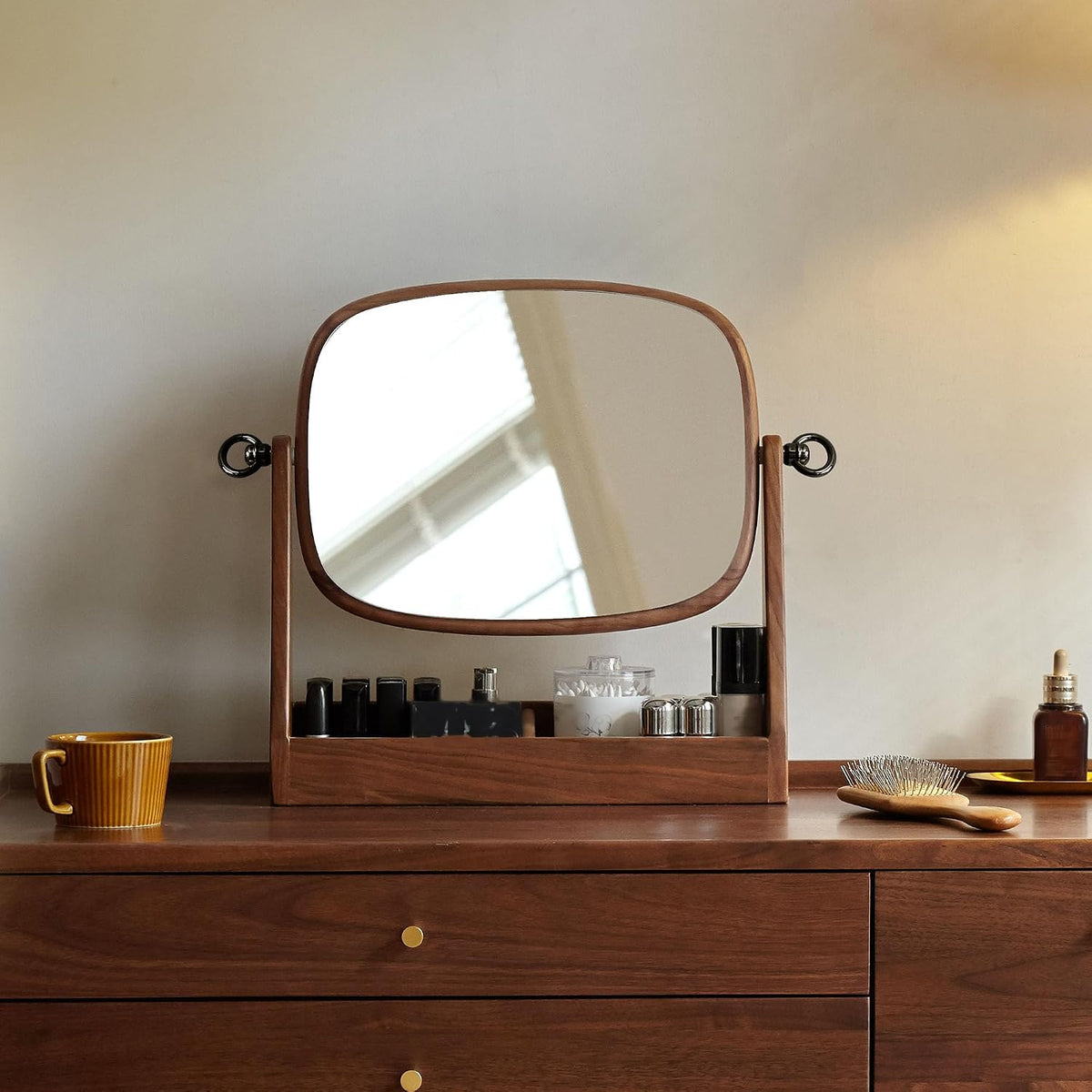 Black Walnut Solid Wood Vanity Makeup Mirror Tabletop