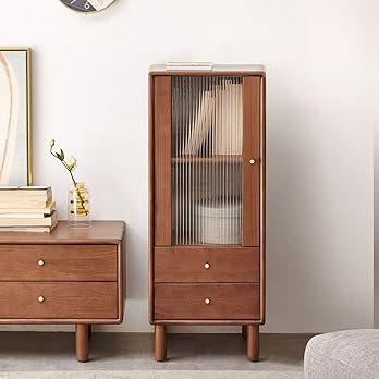 Oak Solid Wood, Pine Wood Display Cabinet with Fluted Glass Door and Tapered Legs