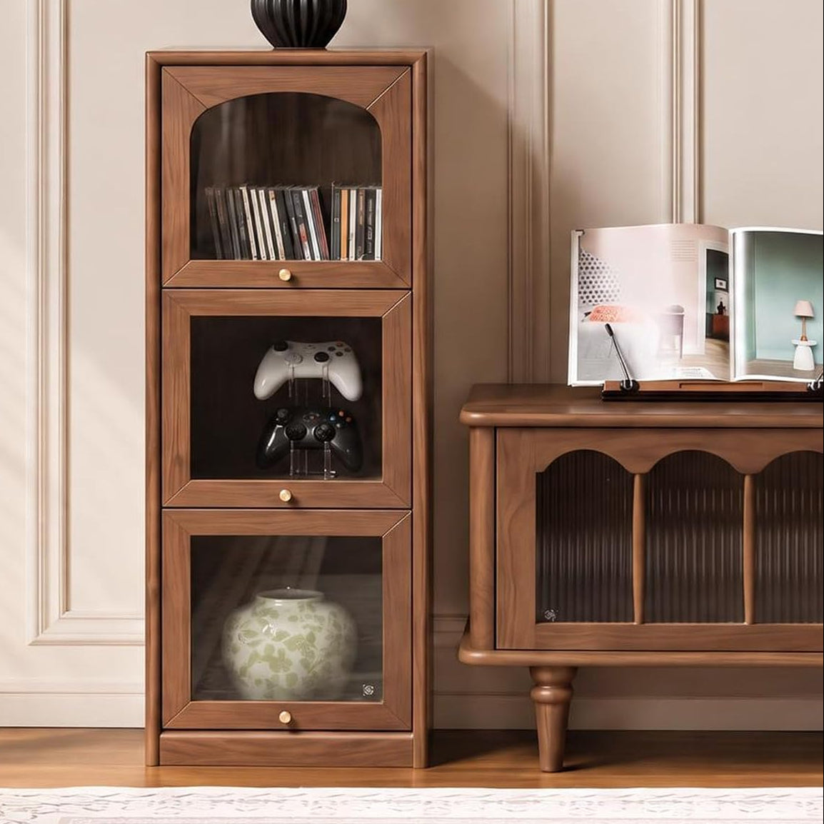 Oak Solid Wood Narrow Bookcase and Freestanding Storage Cabinet