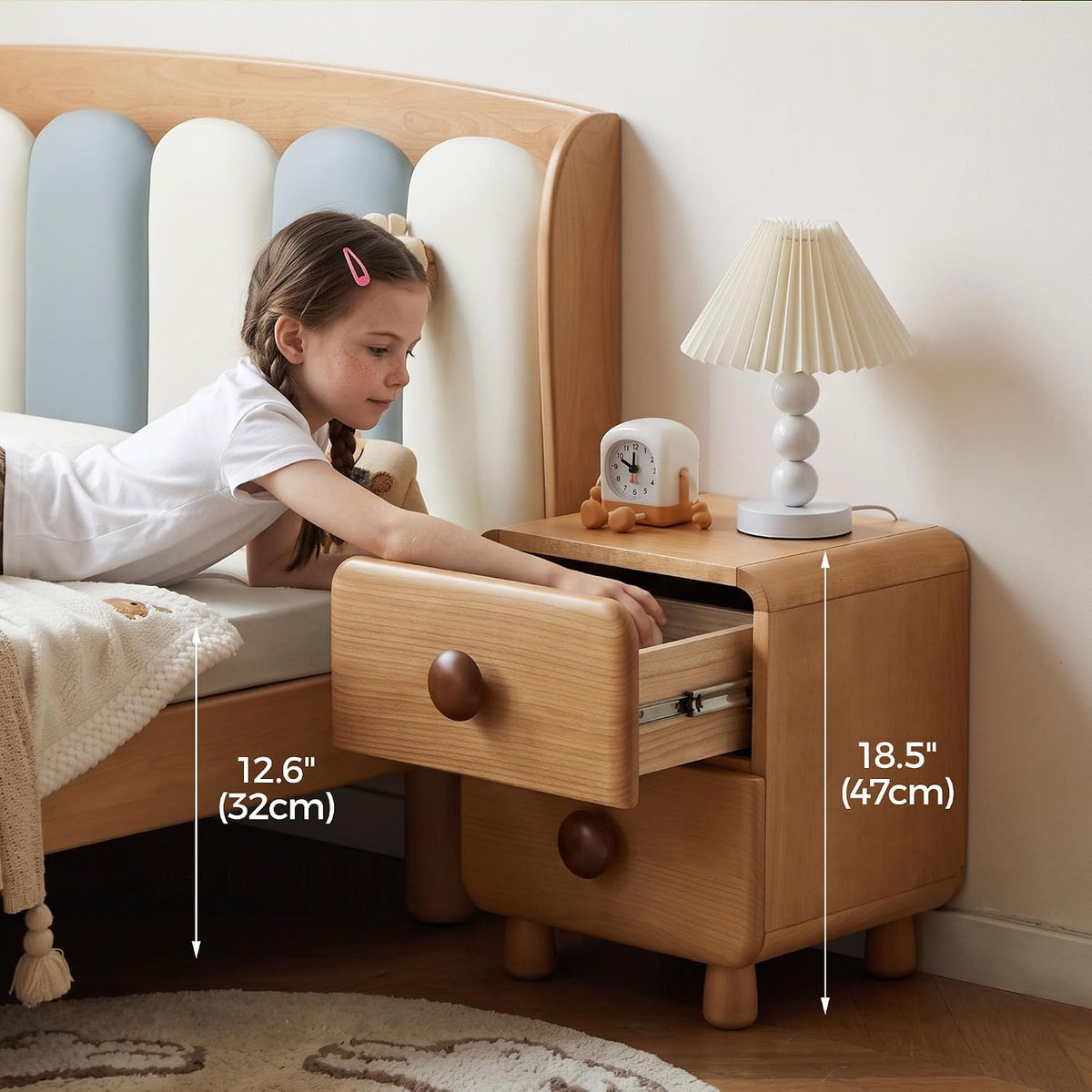 Beech Solid Wood Kids Two-Drawer Nightstand with Round Knob Pulls and Rounded Edges