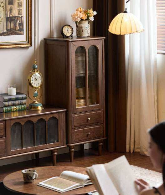 Black Walnut Solid Wood Side Cabinet with Glass Display