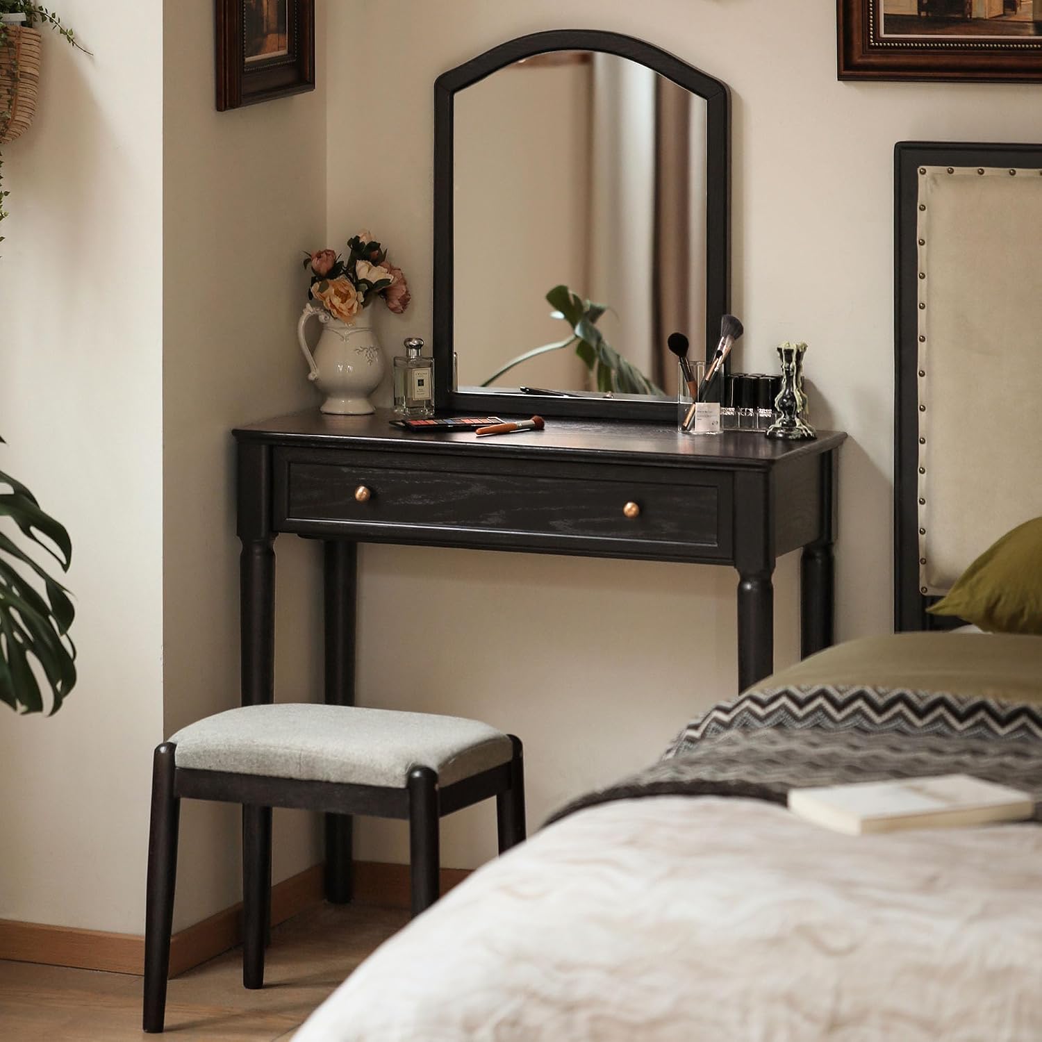 Oak Solid Wood Vanity Table Set with Arched Mirror