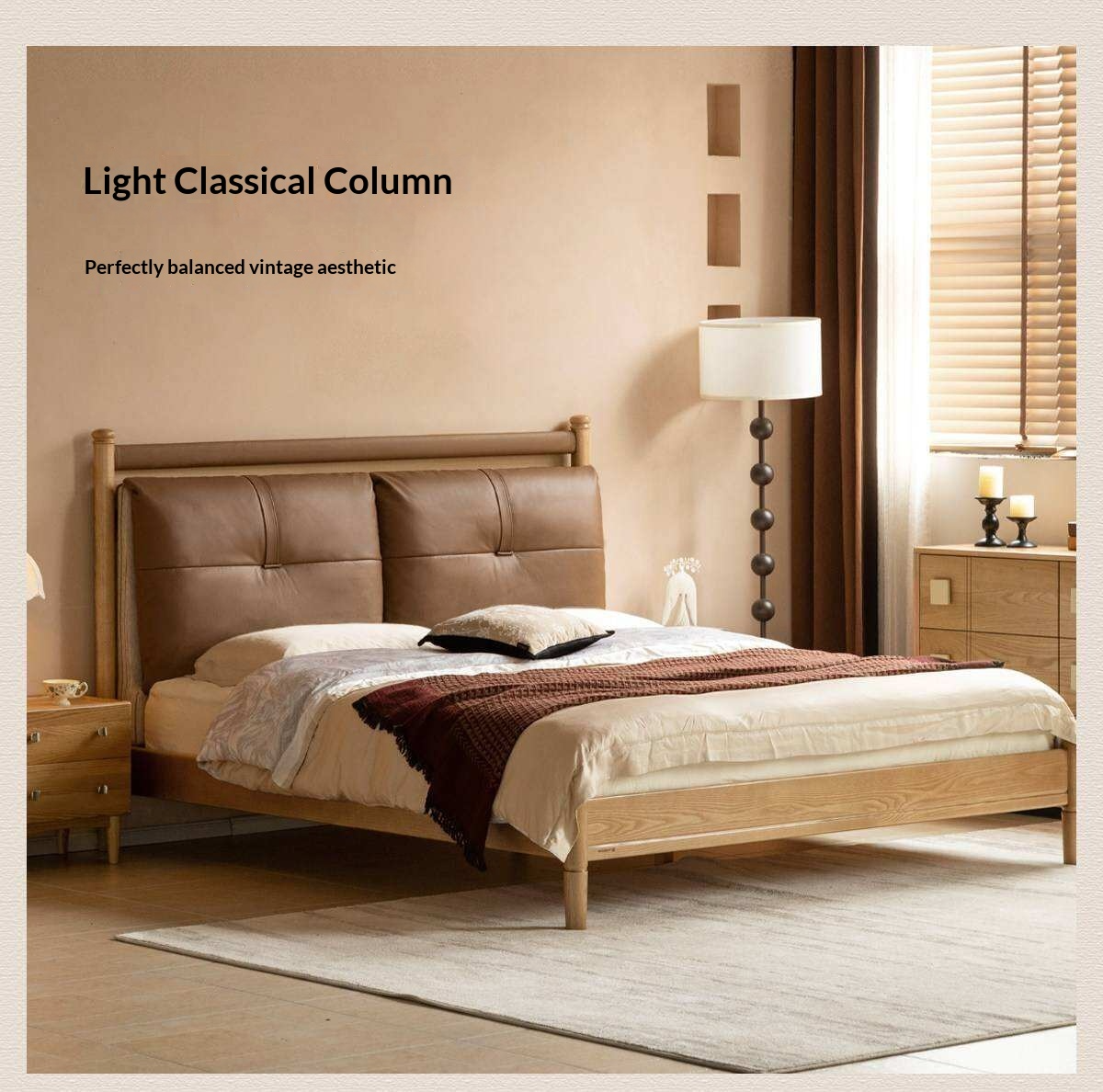 Ash Solid Wood Bed with Plush Genuine Leather Cushioned Headboard