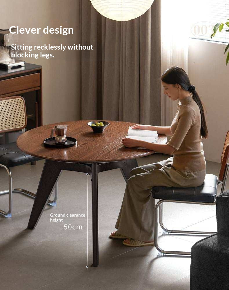 Oak Solid Wood Round Dining Table with Walnut-Stained Base