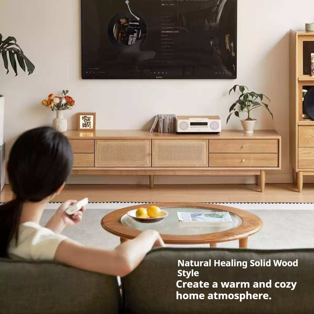 Birch Solid Wood TV Cabinet with Rattan Sliding Doors and Minimalist Storage