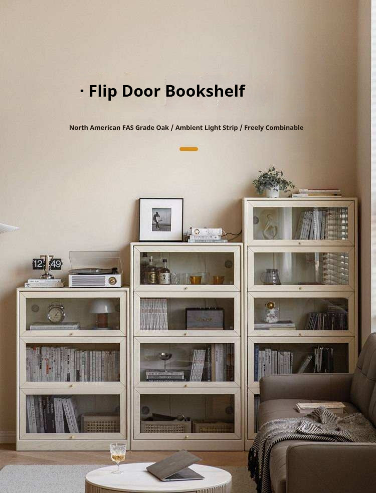 Oak Solid Wood Bookcase Cream Flip Door Glass Display Cabinet