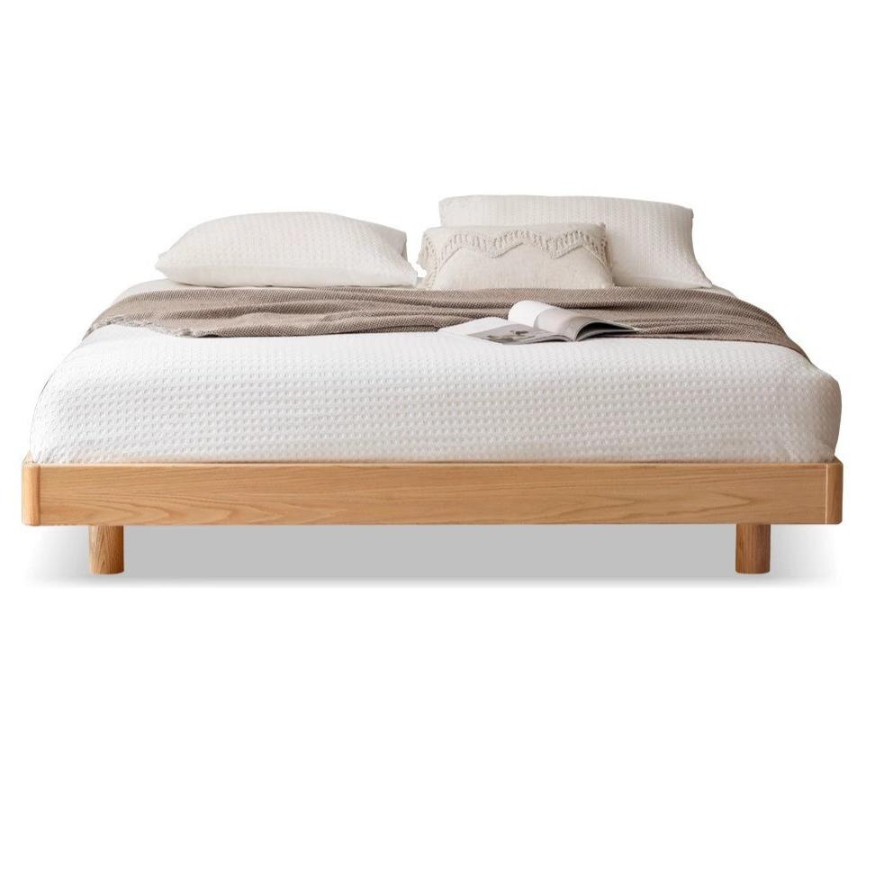 Oak Solid wood modern platform bed, headboard-free suspended bed with light