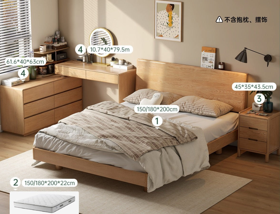 Oak solid wood bed bedroom furniture combination set.