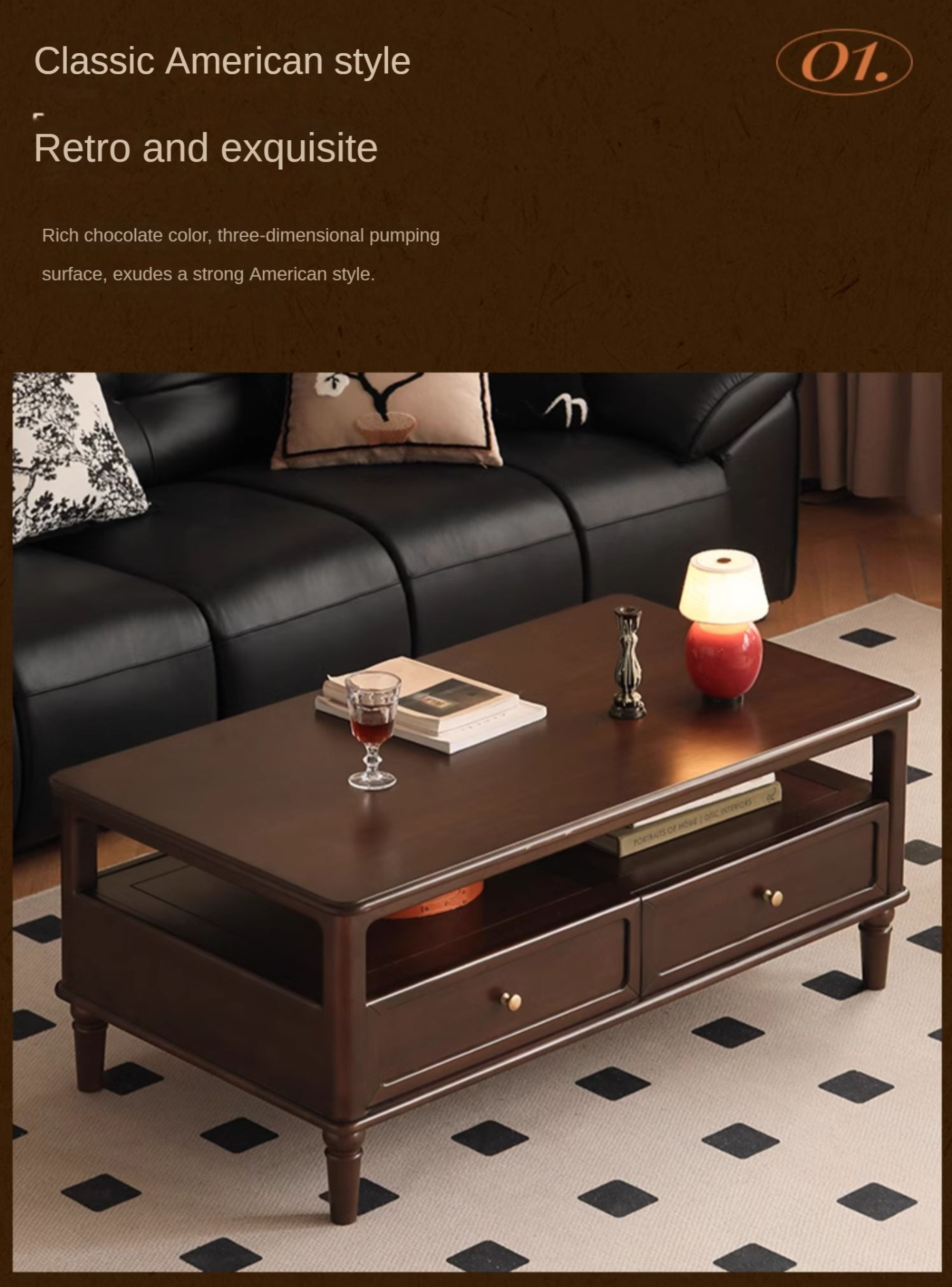 Poplar Solid Wood American Retro Coffee Table,