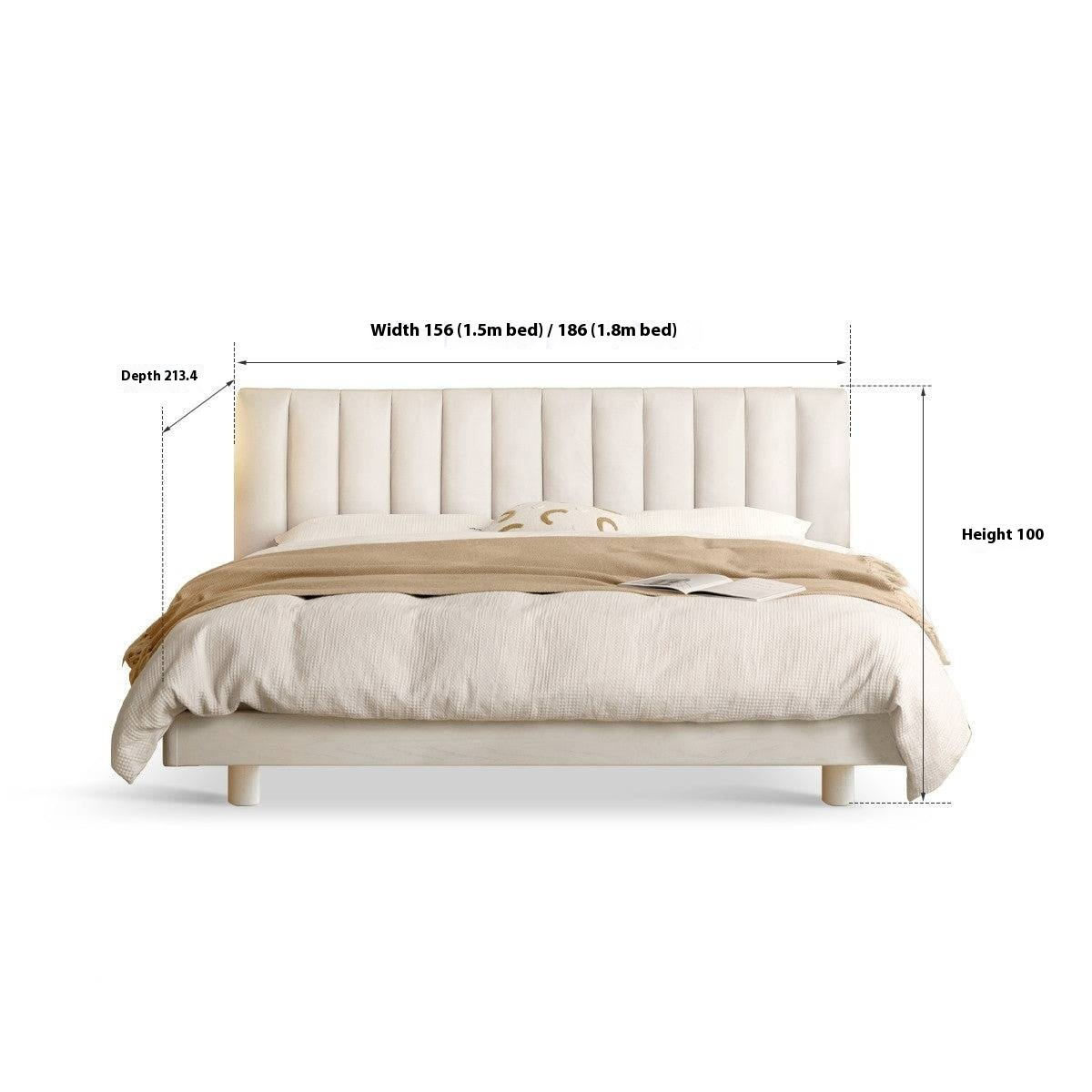 Oak,Rubber Wood  Solid Wood Cream Suspended Genuine Leather Technology Fabric Soft Wrapped Bed