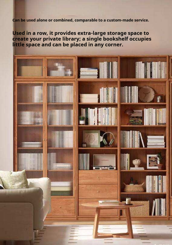 Cherry Wood Combination Bookcase Floor Shelf Glass Door Bookcase