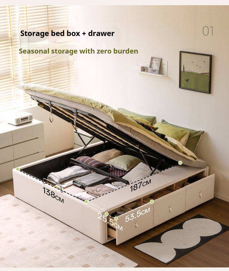 Upholstered Storage Platform Bed, Modern Minimalist White Eco Leather Tatami Bed with Box Storage