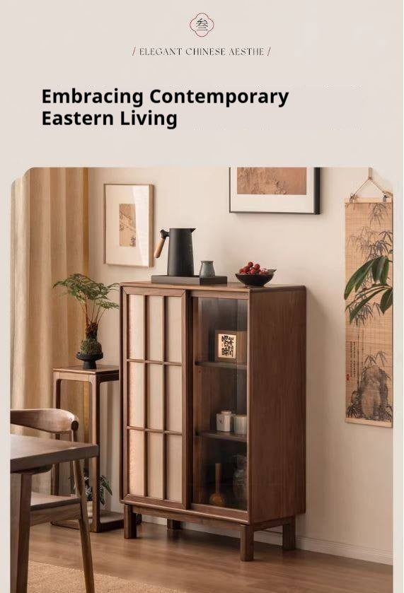 Black Walnut Solid Wood Sliding Door Side Cabinet