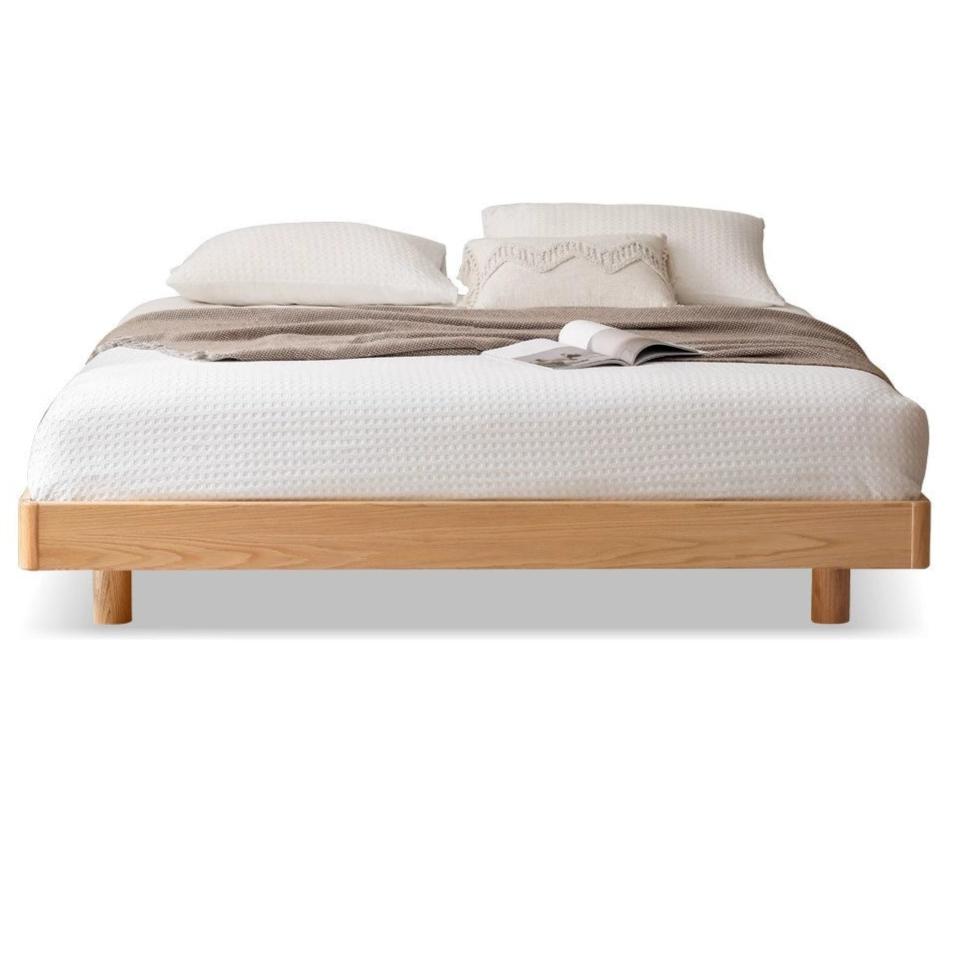 Oak Solid wood modern platform bed, headboard-free suspended bed with light