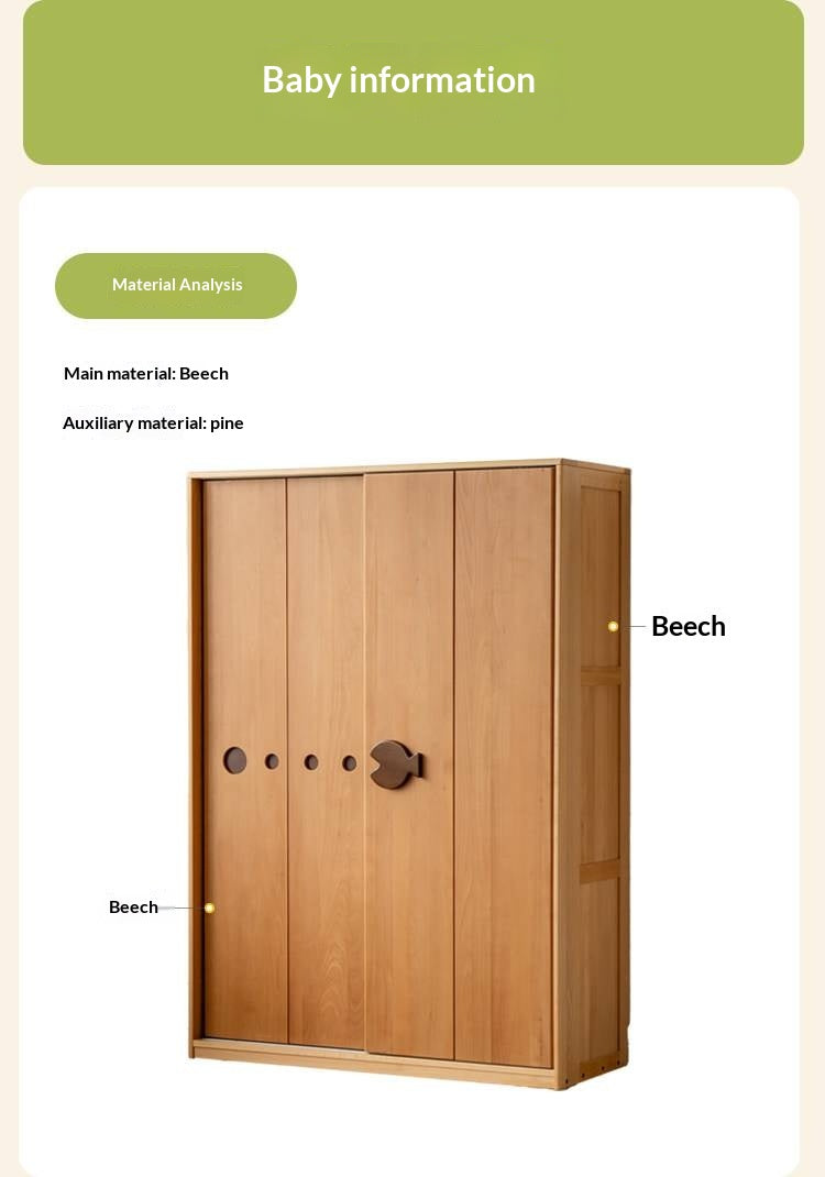 Beech Solid Wood Kids Sliding Door Wardrobe with Adjustable Shelves