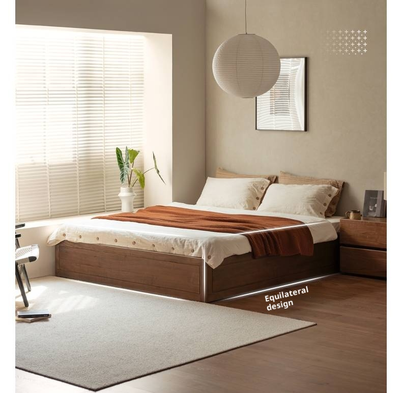 Black Walnut Solid Wood Italian Light Luxury Platform Bed, Headboard-Free Box Bed