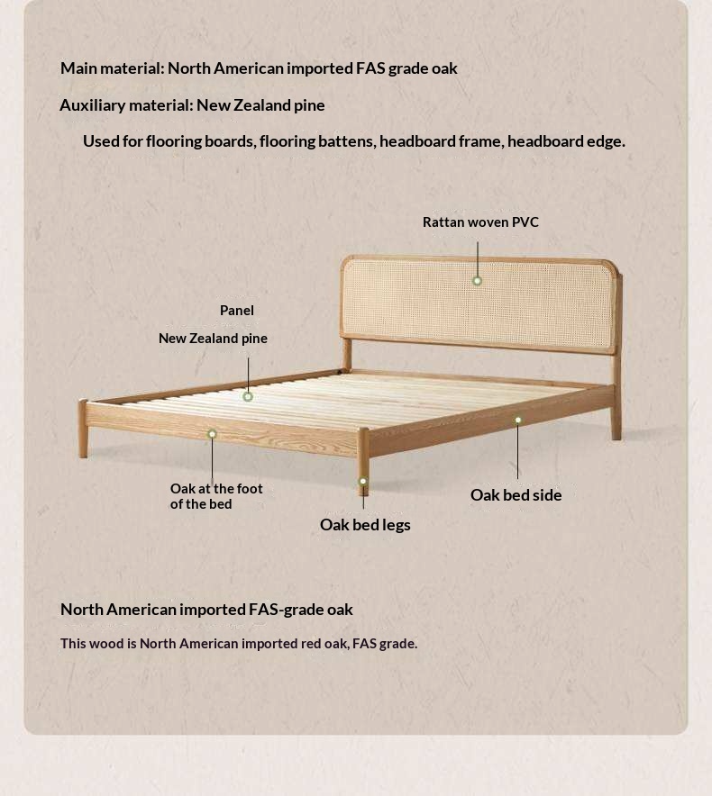Oak Solid Wood Platform Bed with Curved Rattan Headboard