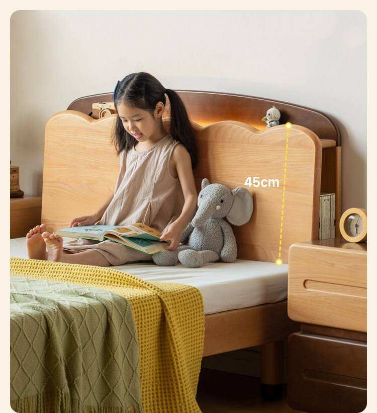 Beech Solid Wood Kids Bed with Scalloped Headboard and Hidden Storage