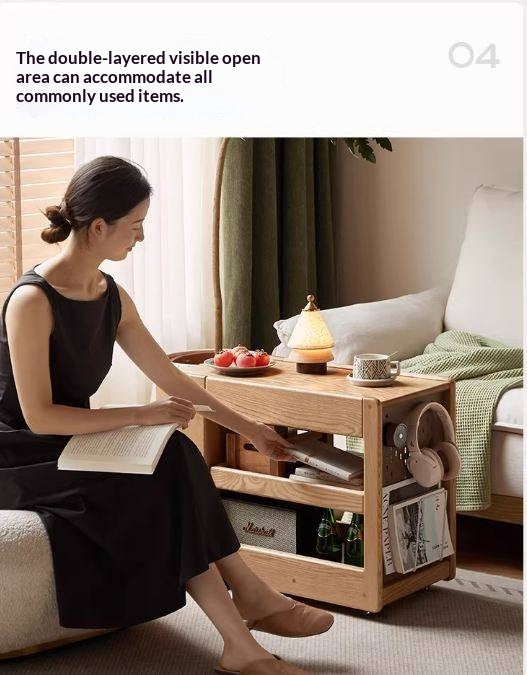 Oak Solid Wood Side Table with Mobile Trolley and Storage Functionality