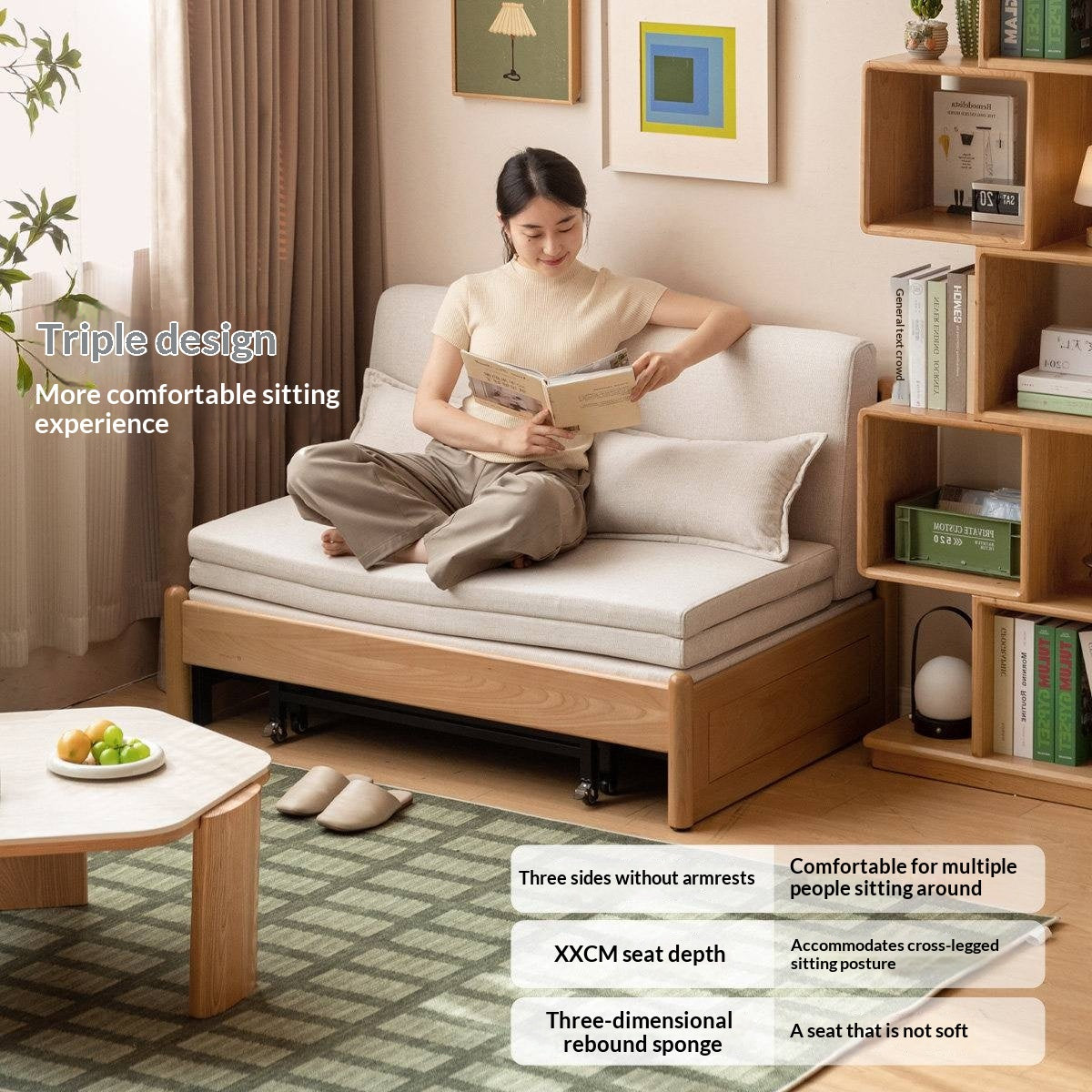 Beech Solid Wood Minimalist Pull-Out Sofa Bed