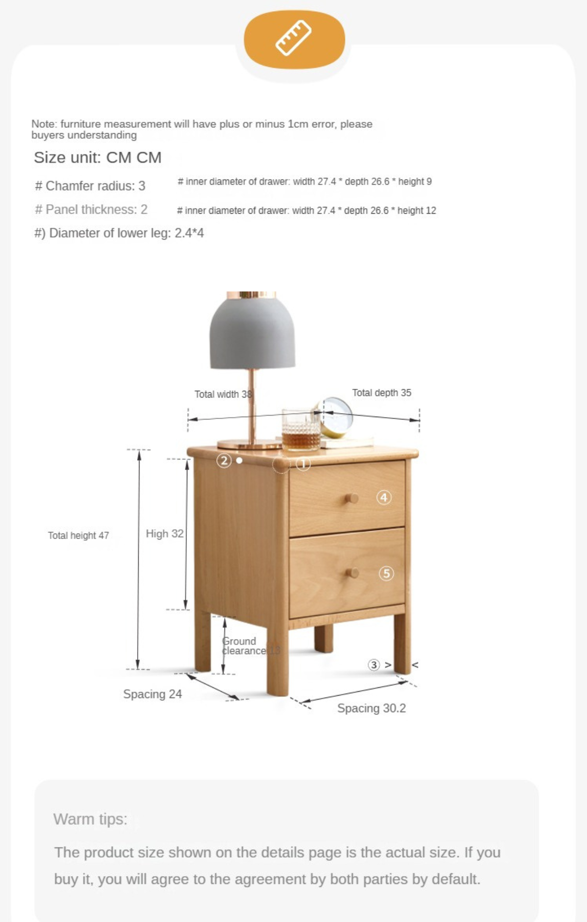 Beech solid wood drawer nightstand.