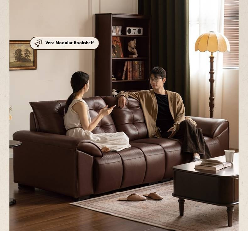 Genuine Leather American Retro High-Back Sofa with Checkerboard Black Bear Pattern