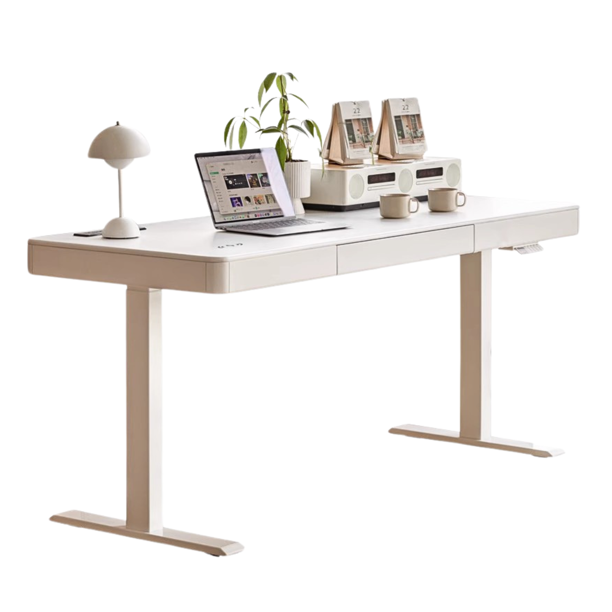 Poplar Solid wood smart electric lift desk cream style-