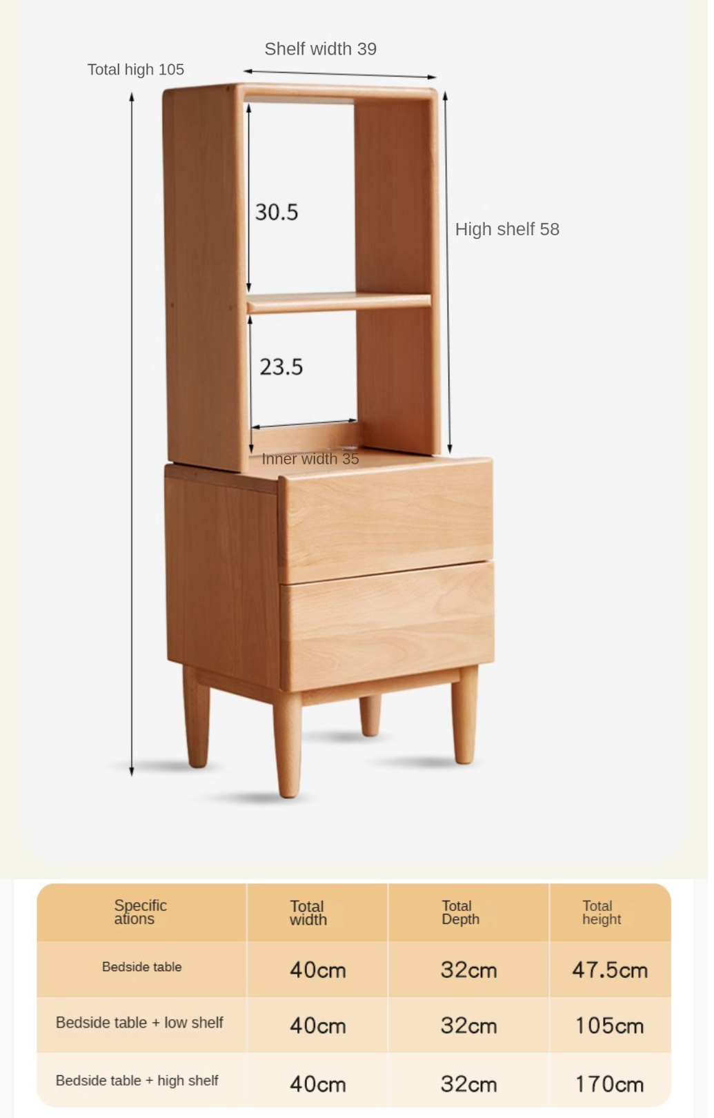 Beech Solid Wood Nightstand and Elevated Storage Rack, Bedside Bookshelf.