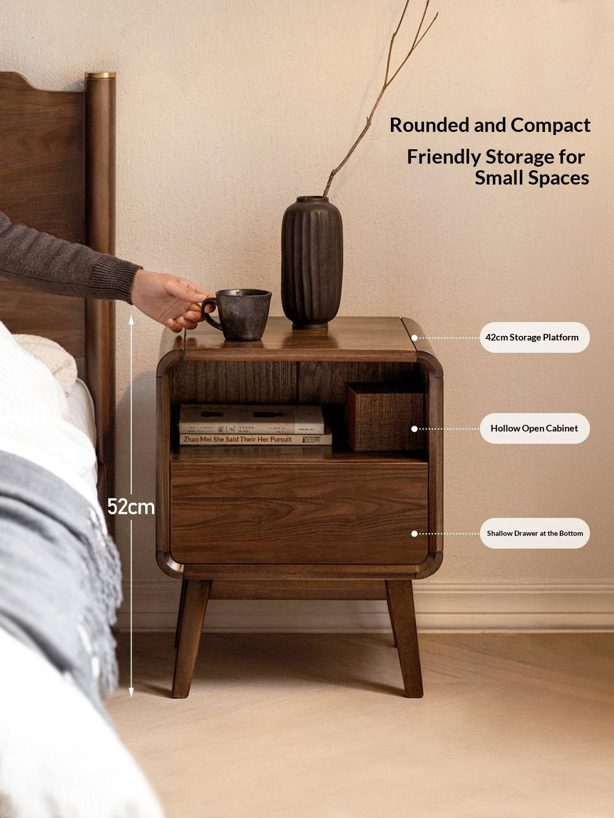 Black Walnut, Ash Solid Wood Modern Nightstand